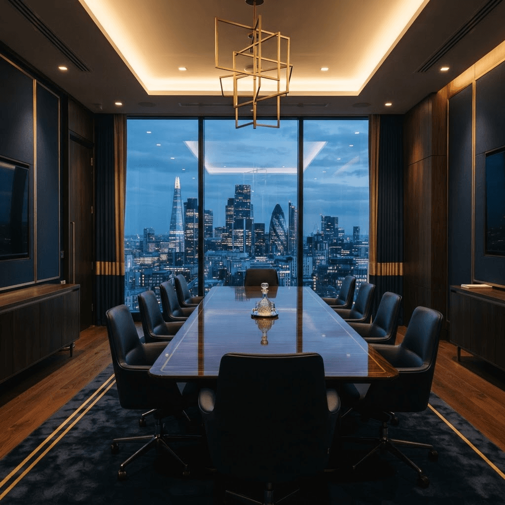 Sala de reunião executiva com vista para a cidade