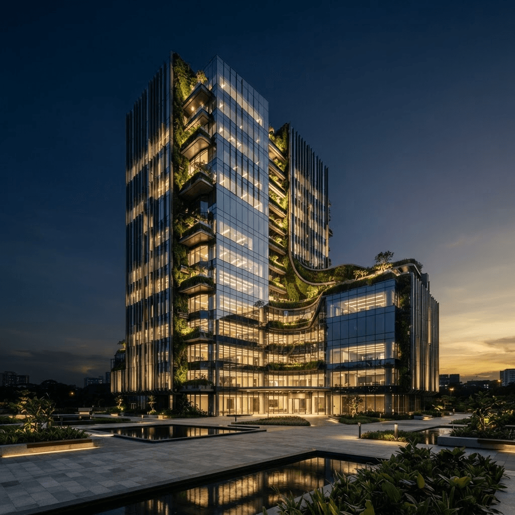 Edifício corporativo sustentável ao entardecer