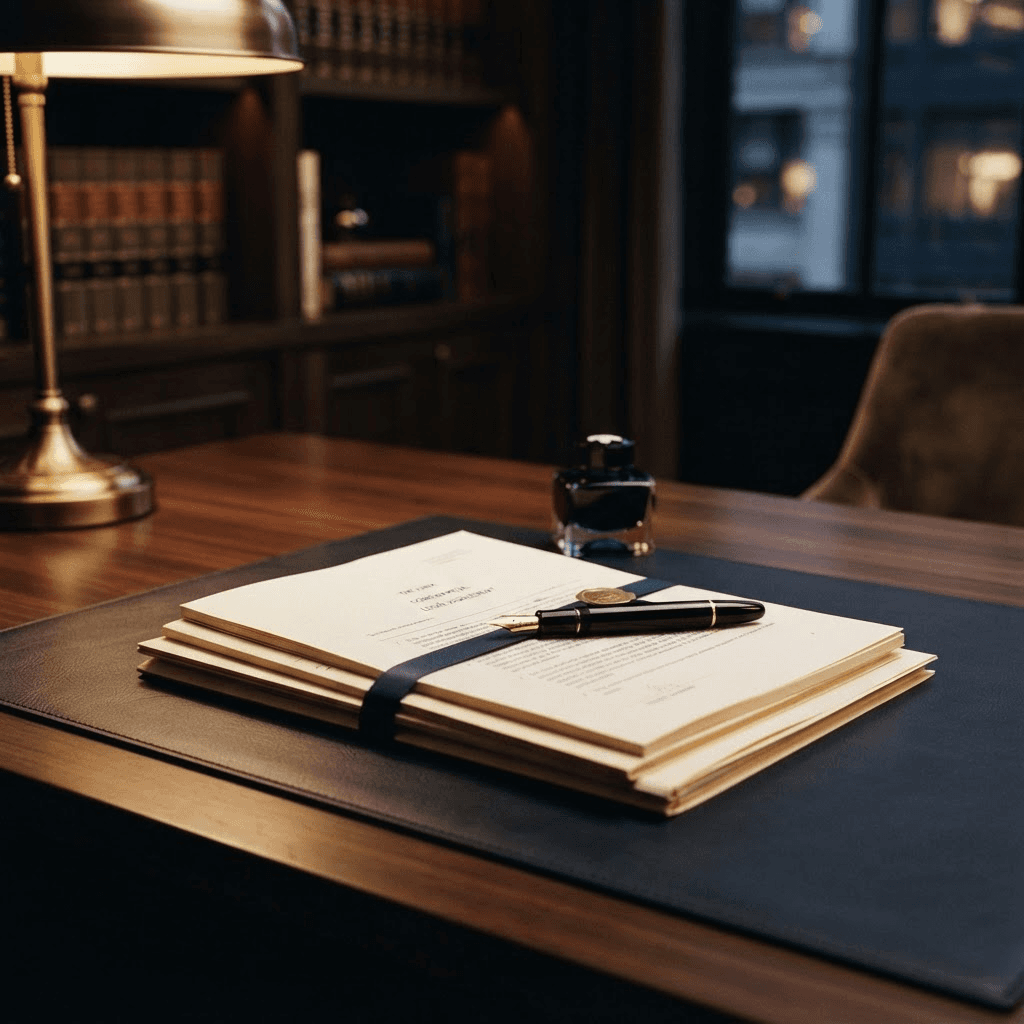 Mesa executiva com documentos contratuais